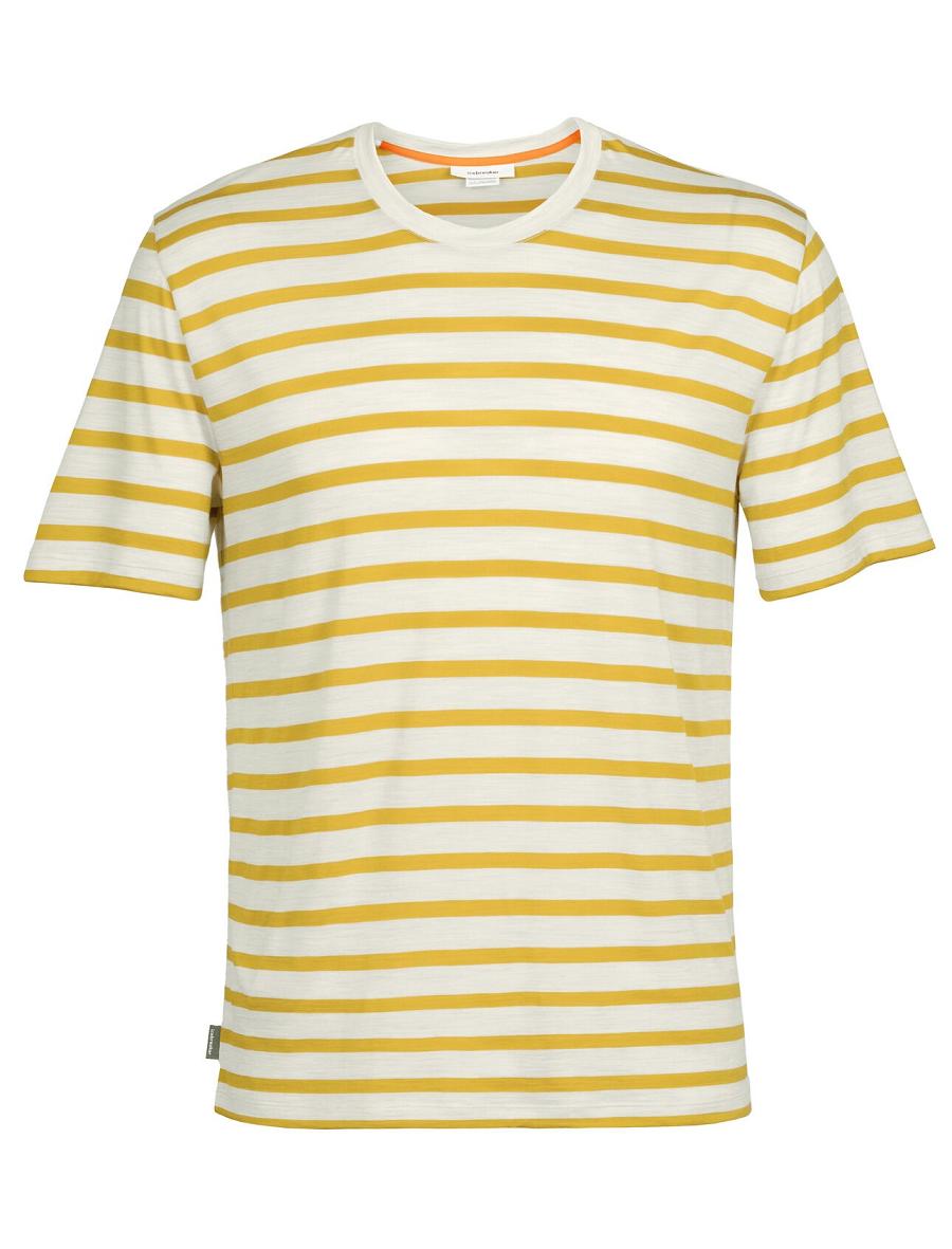 Ecru Heather / Silent Gold Icebreaker Merino Drayden Short Sleeve Stripe Men's T Shirts | AU 1185QMAZ